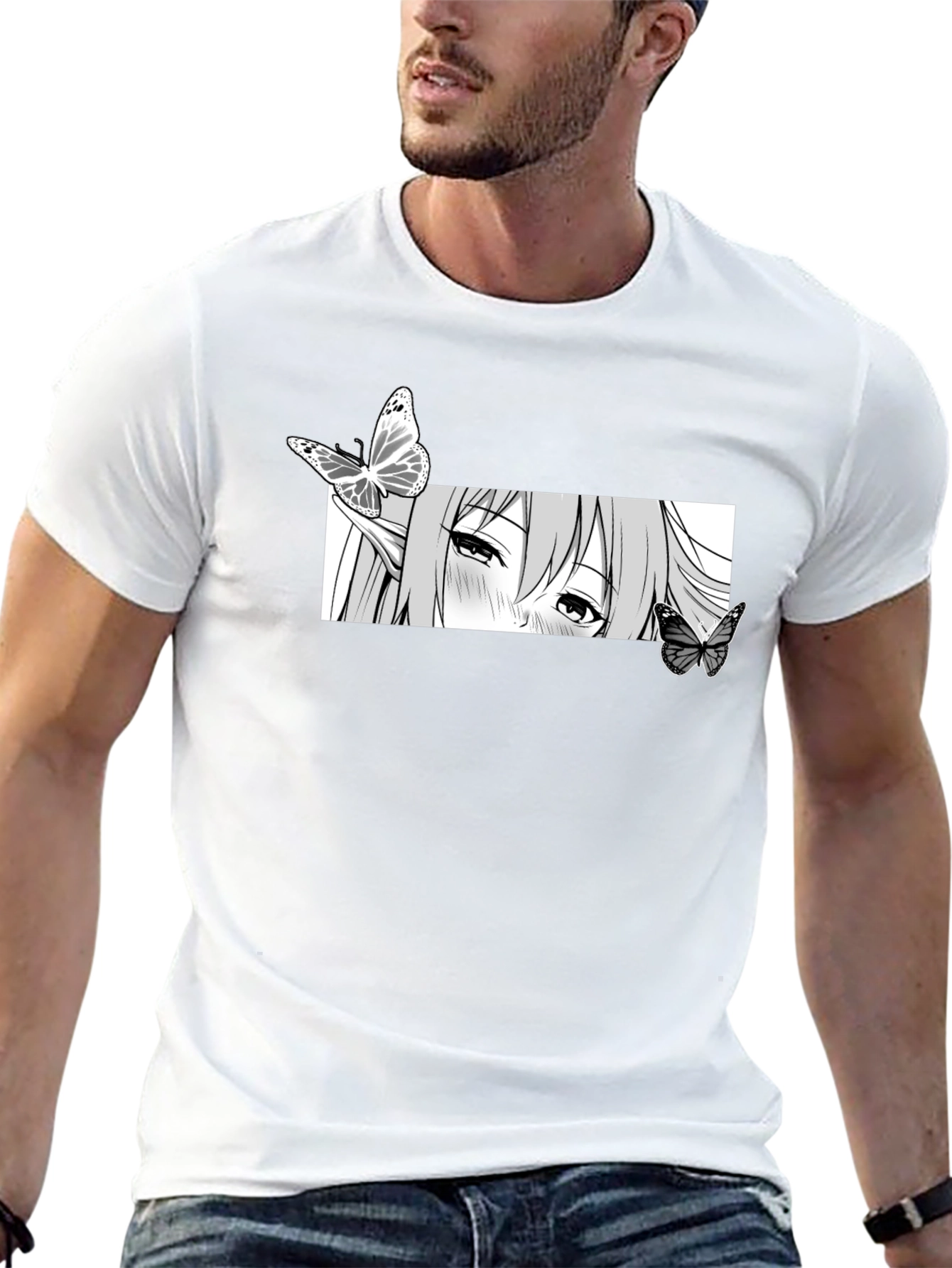 Anime Girl Butterfly Graphic Tee - Black