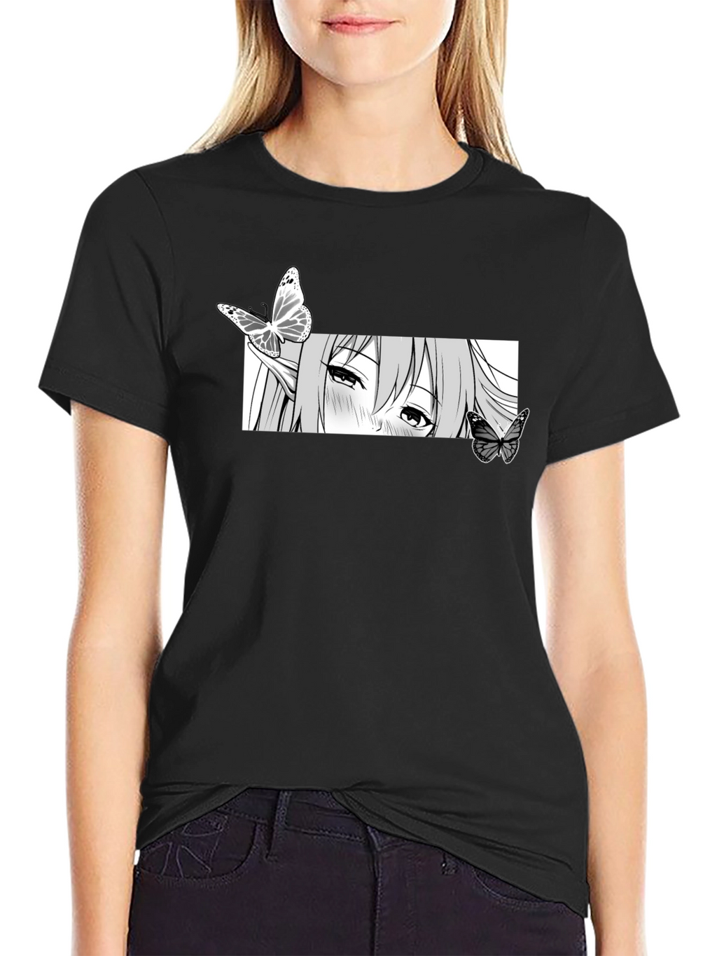 Anime Girl Butterfly Graphic Tee - Black