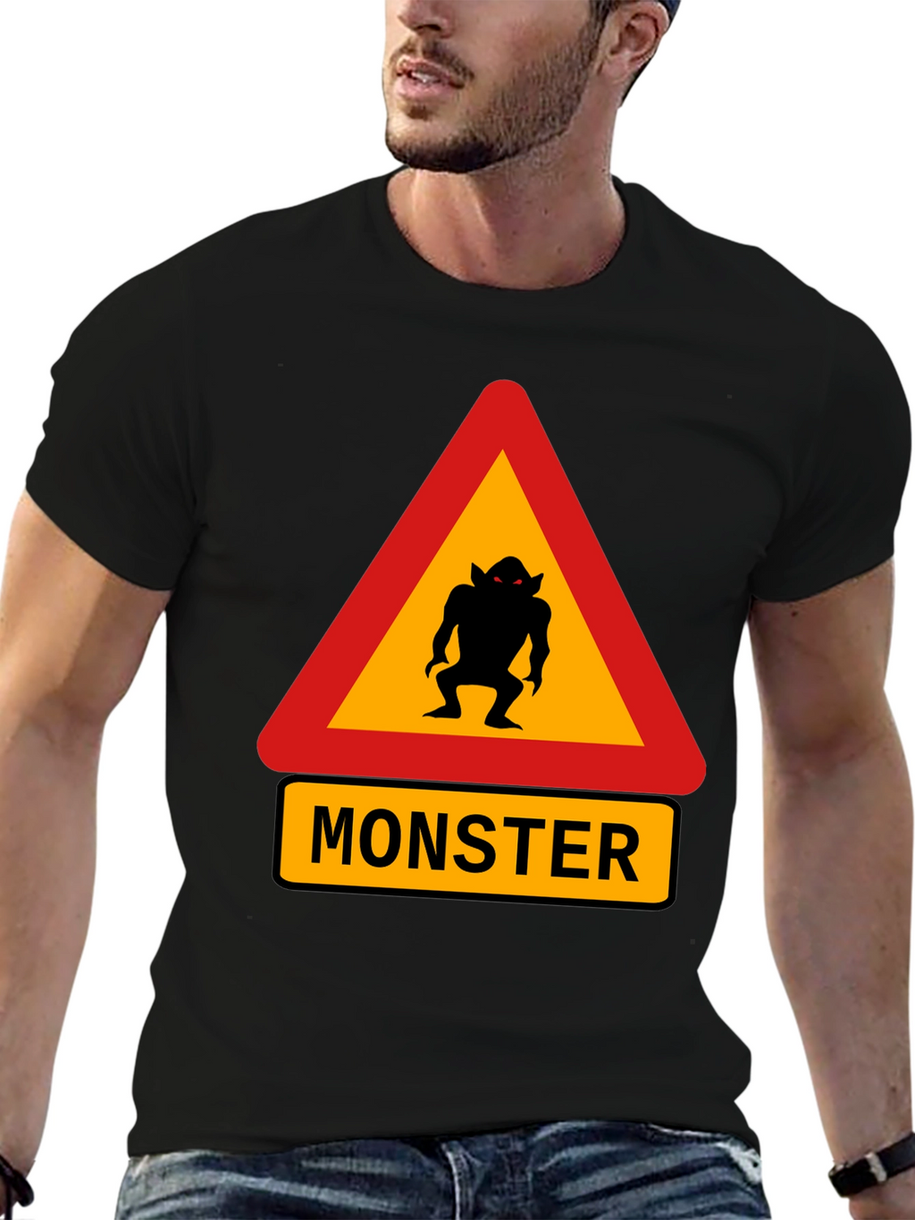 Monster Warning Sign Black T-Shirt
