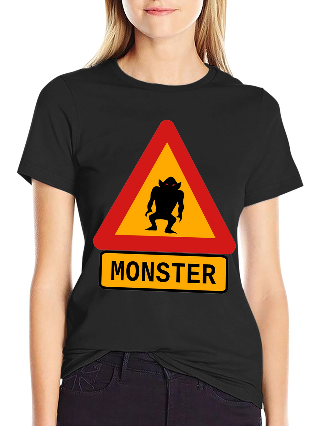 Monster Warning Sign Black T-Shirt