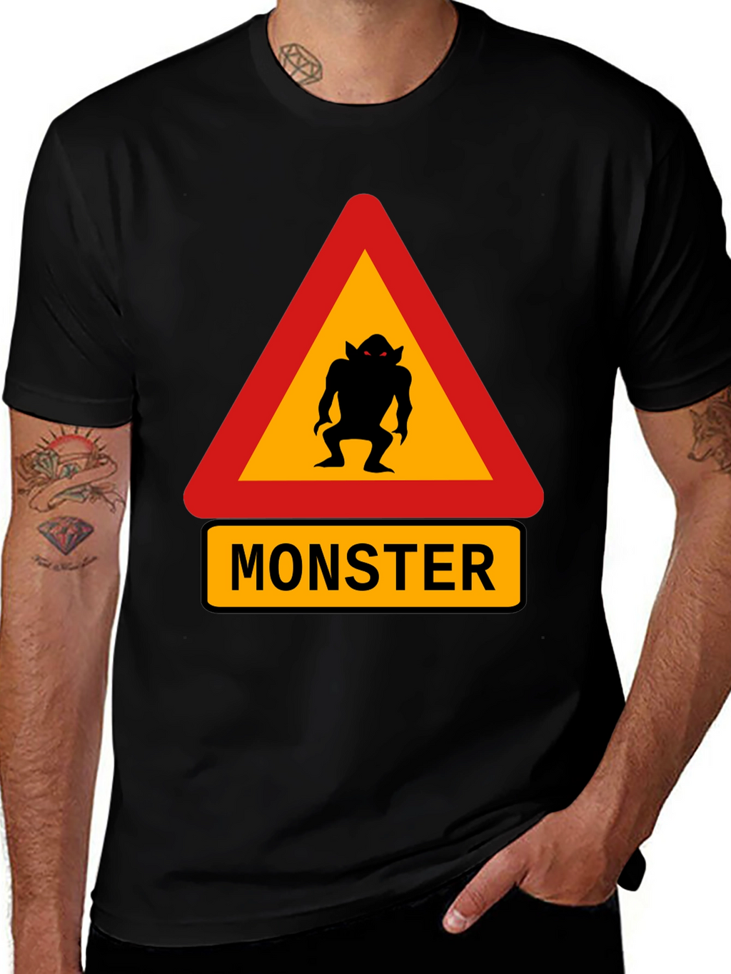Monster Warning Sign Black T-Shirt