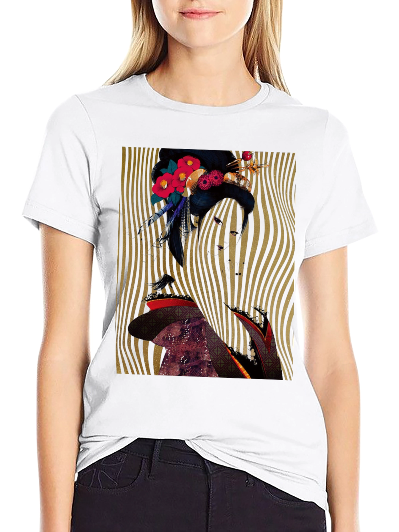 Floral Geisha Graphic Print Black T-Shirt