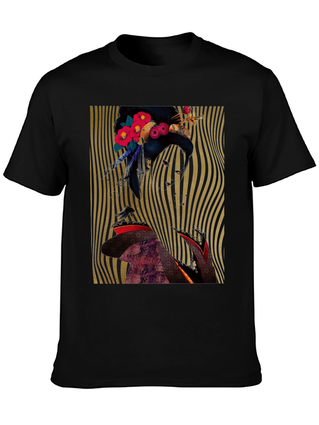 Floral Geisha Graphic Print Black T-Shirt