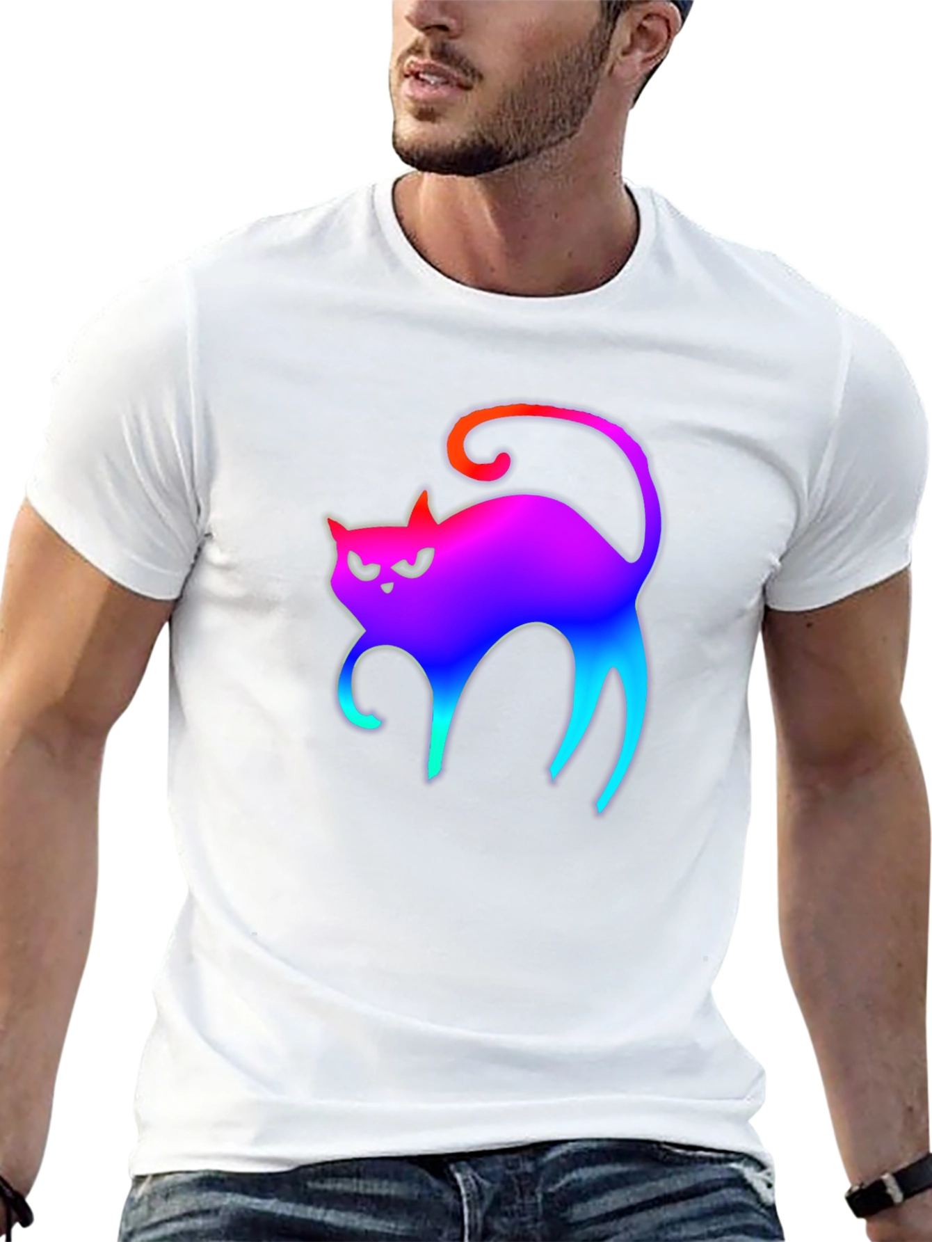 Rainbow Cat Graphic Tee - Black Cotton T-Shirt