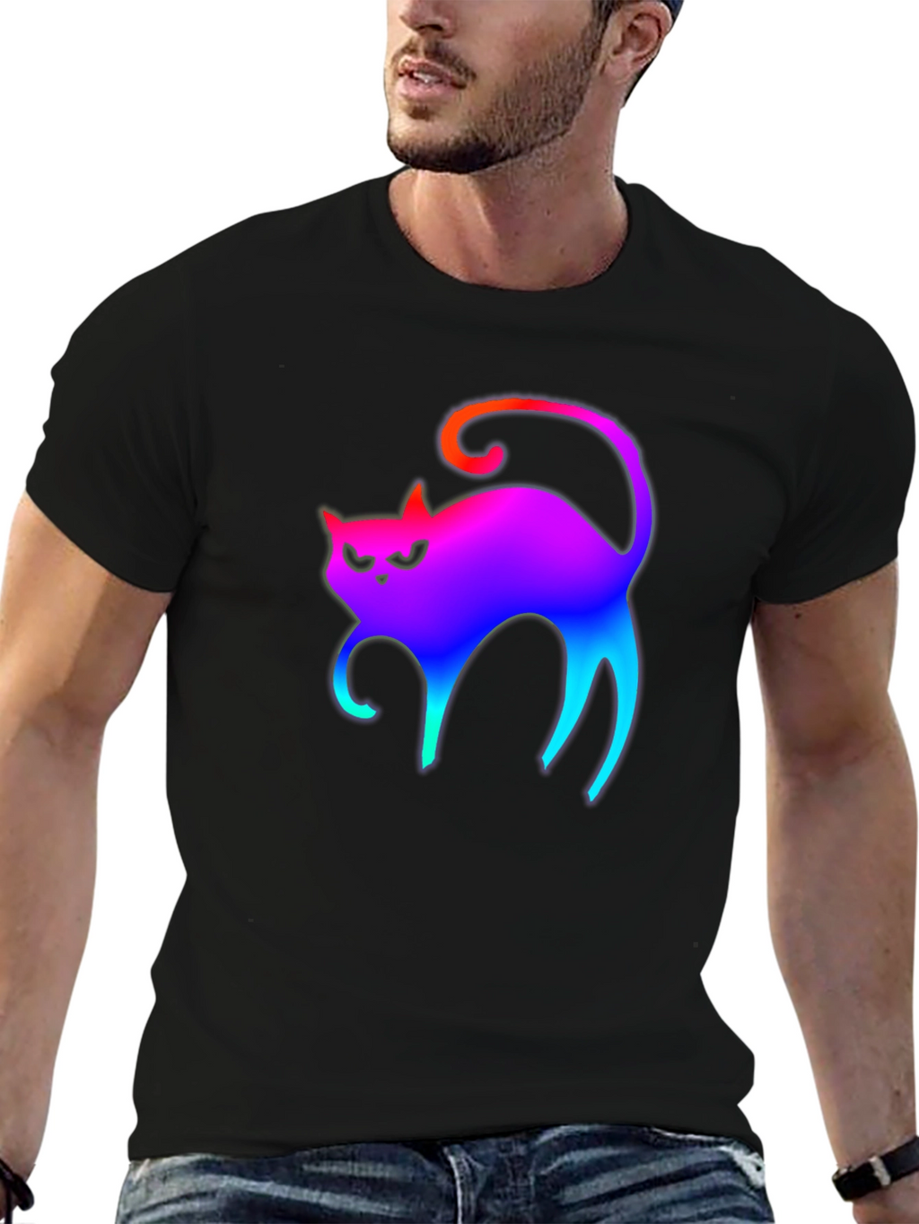 Rainbow Cat Graphic Tee - Black Cotton T-Shirt