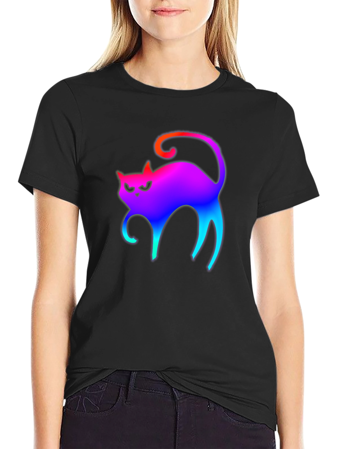 Rainbow Cat Graphic Tee - Black Cotton T-Shirt
