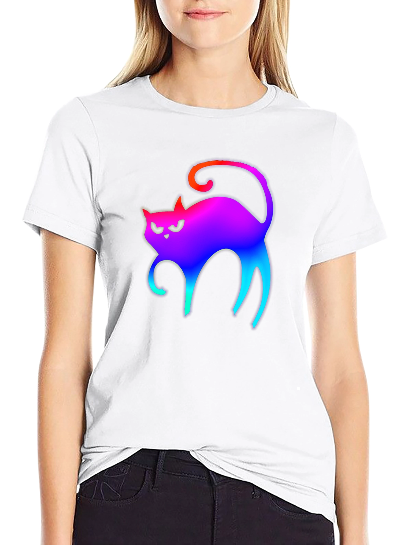 Rainbow Cat Graphic Tee - Black Cotton T-Shirt