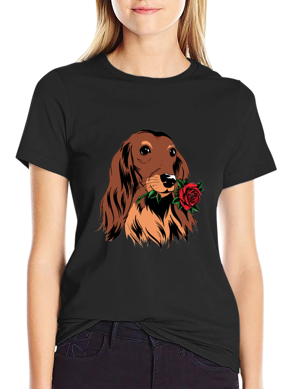 Dachshund Rose Graphic Tee - Black