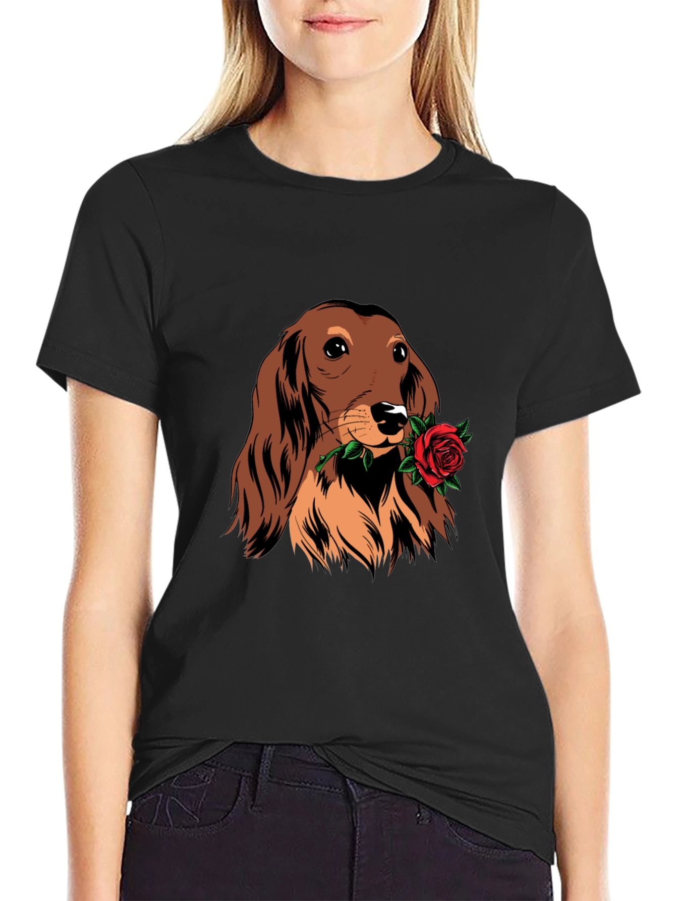 Dachshund Rose Graphic Tee - Black