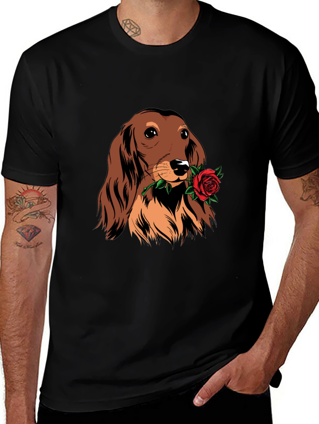 Dachshund Rose Graphic Tee - Black