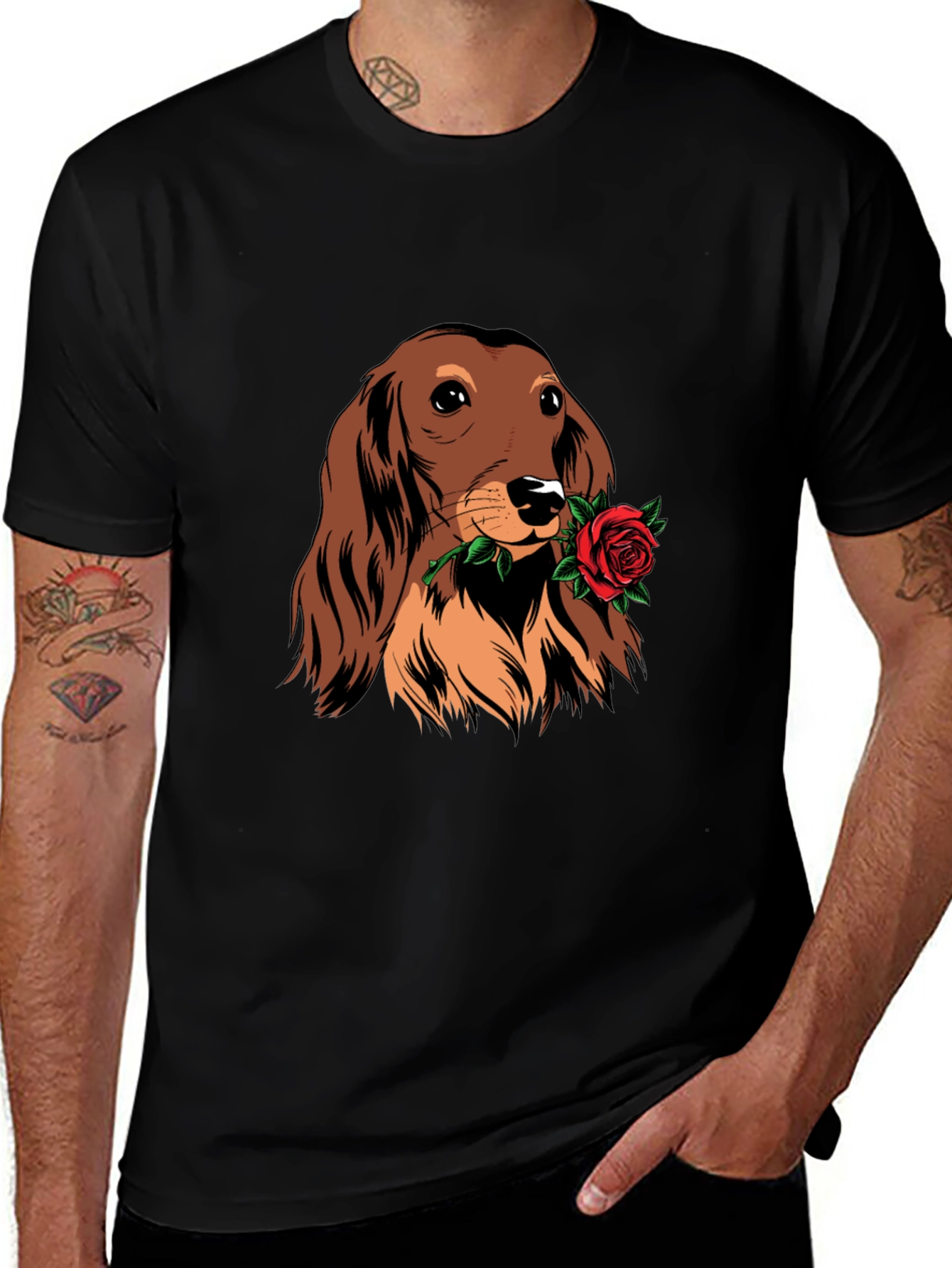 Dachshund Rose Graphic Tee - Black