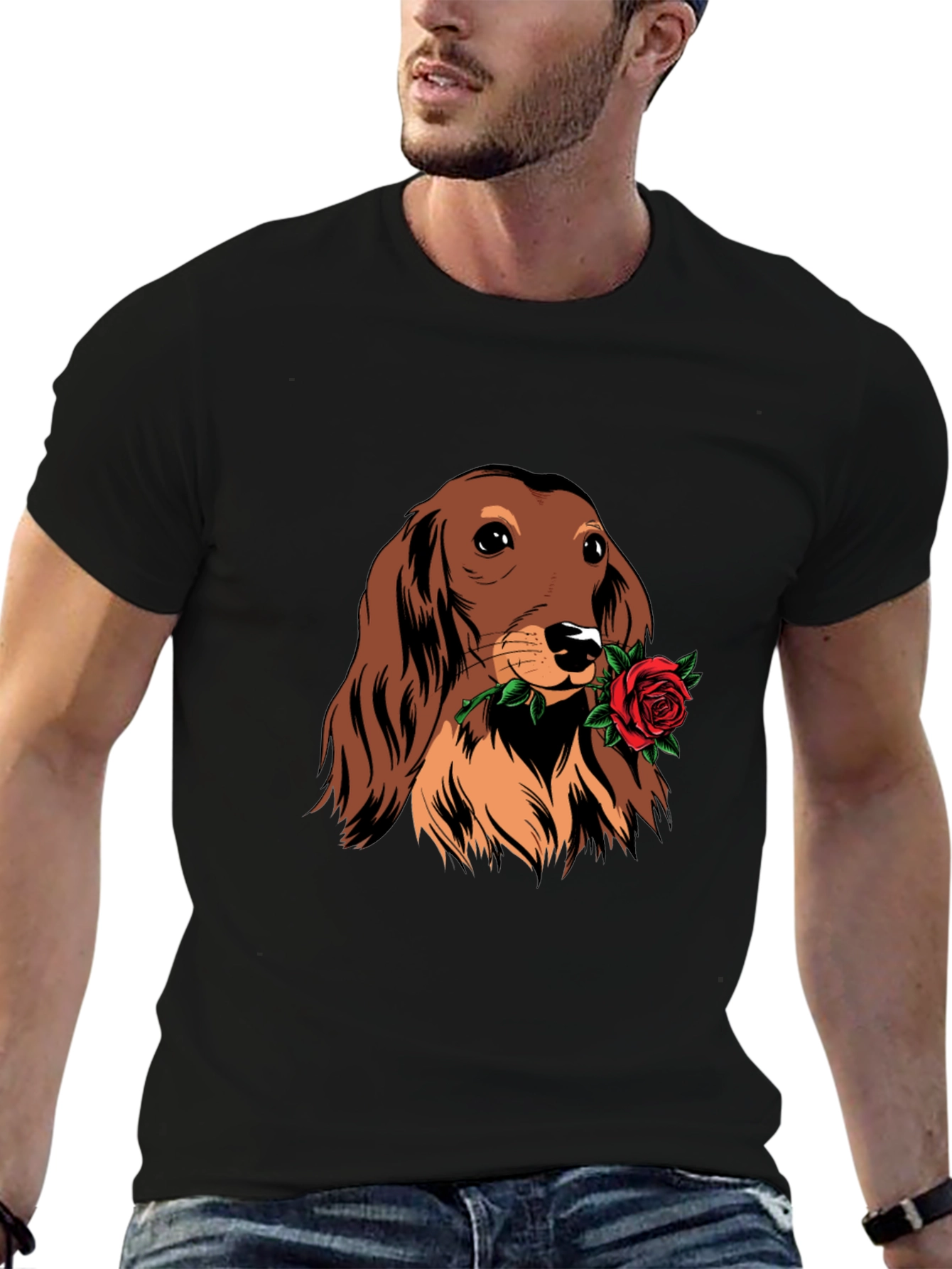 Dachshund Rose Graphic Tee - Black
