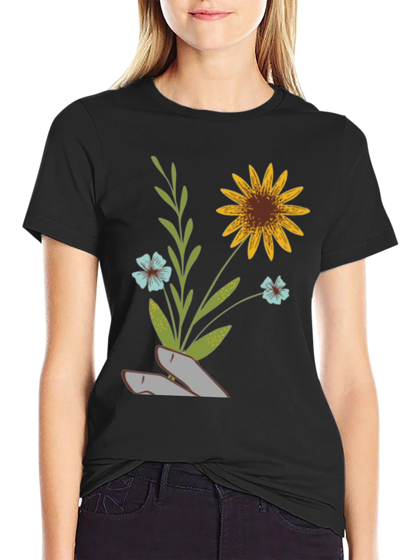 Floral Graphic Print T-Shirt - Black