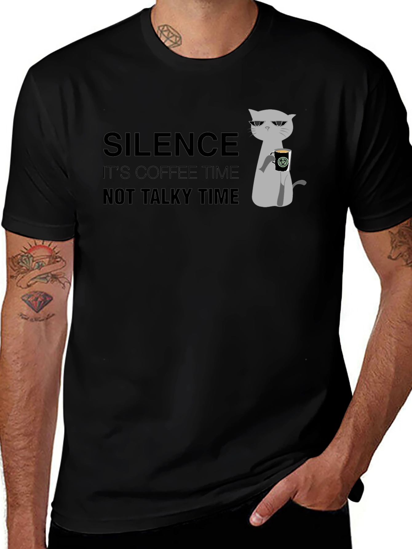 Silence Coffee Time Graphic Tee - Cool Cat Design