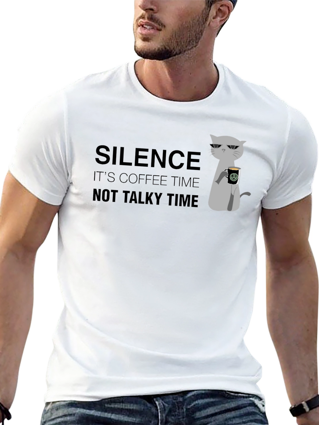 Silence Coffee Time Graphic Tee - Cool Cat Design