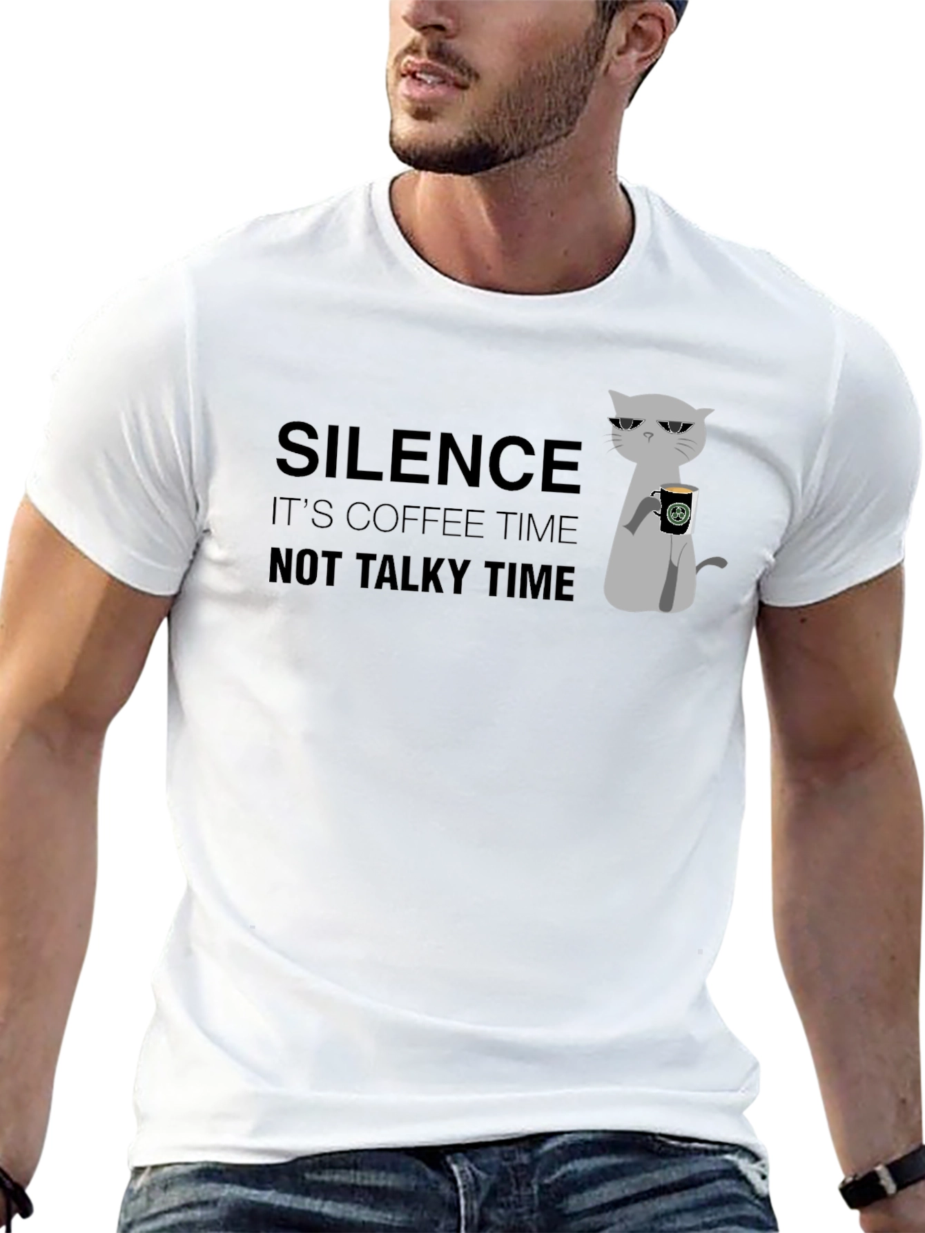 Silence Coffee Time Graphic Tee - Cool Cat Design