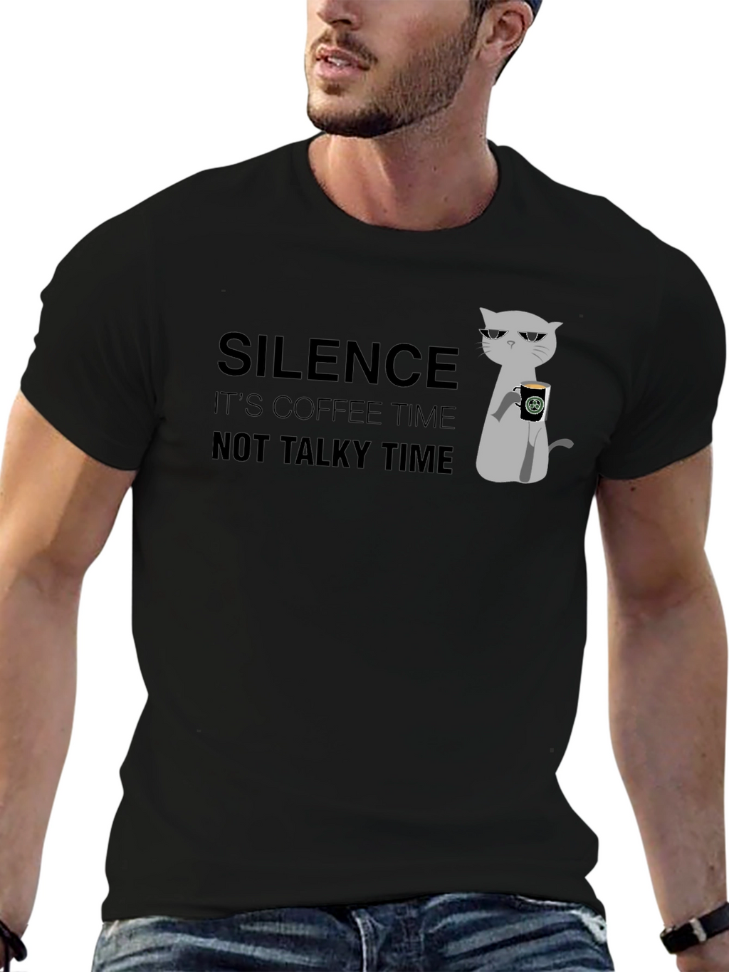 Silence Coffee Time Graphic Tee - Cool Cat Design