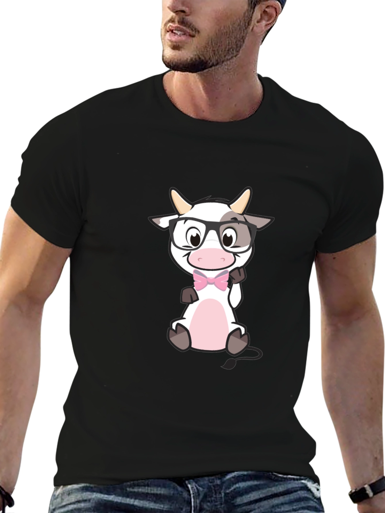 Funny Cow with Glasses Black T-Shirt