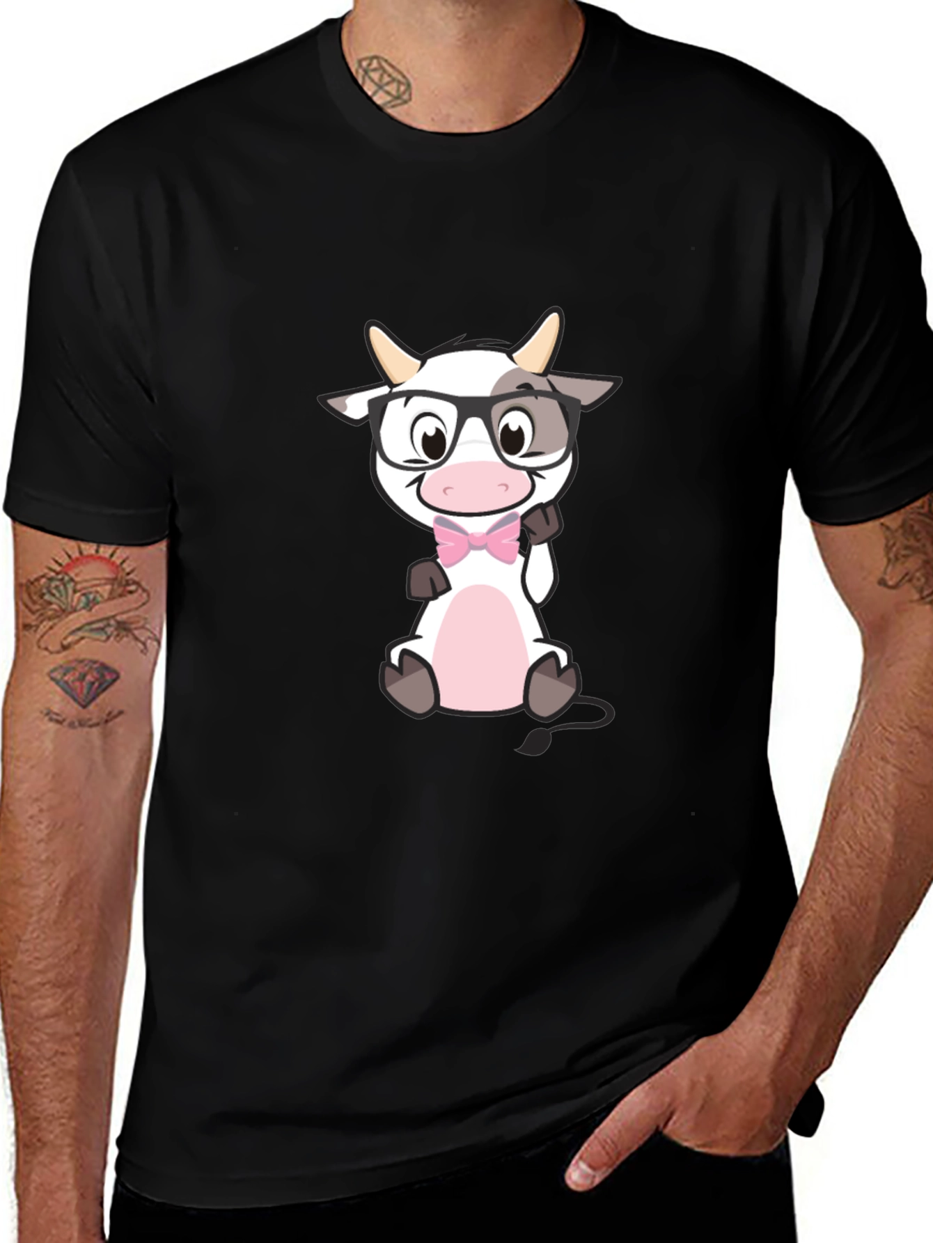 Funny Cow with Glasses Black T-Shirt