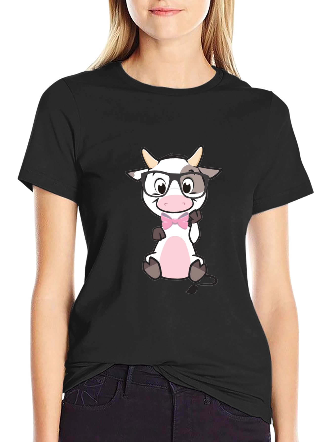 Funny Cow with Glasses Black T-Shirt