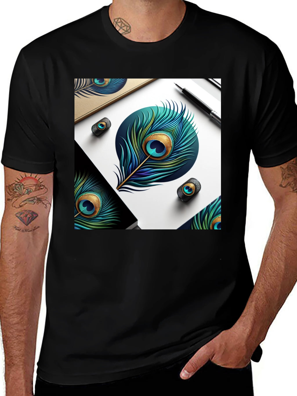 Peacock Feather Art Black T-Shirt