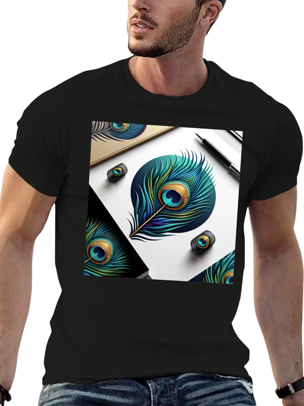 Peacock Feather Art Black T-Shirt