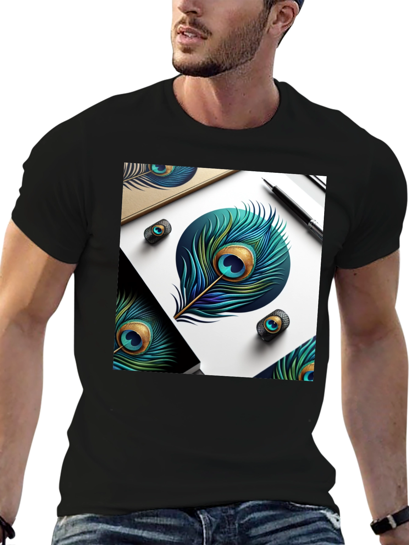 Peacock Feather Art Black T-Shirt