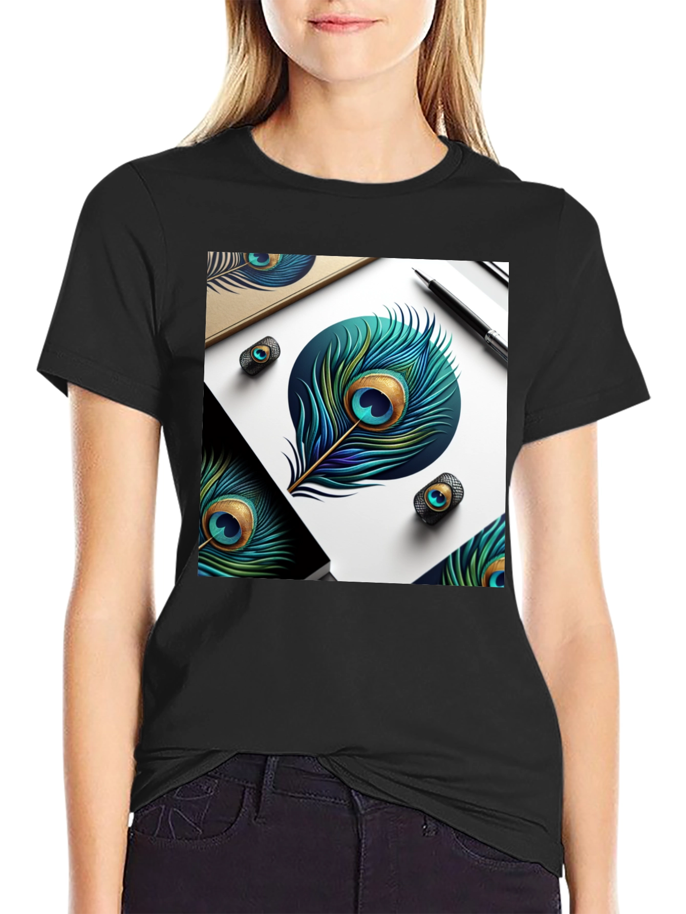 Peacock Feather Art Black T-Shirt