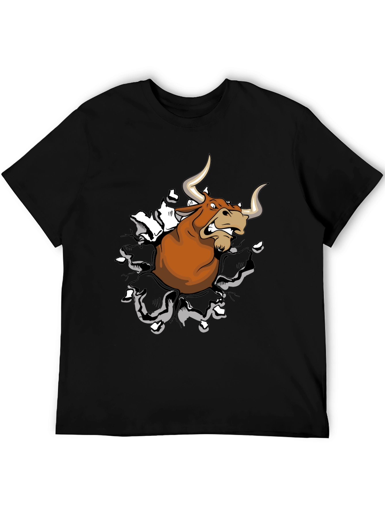 Mens Black T-Shirt with Cartoon Bull Graphic