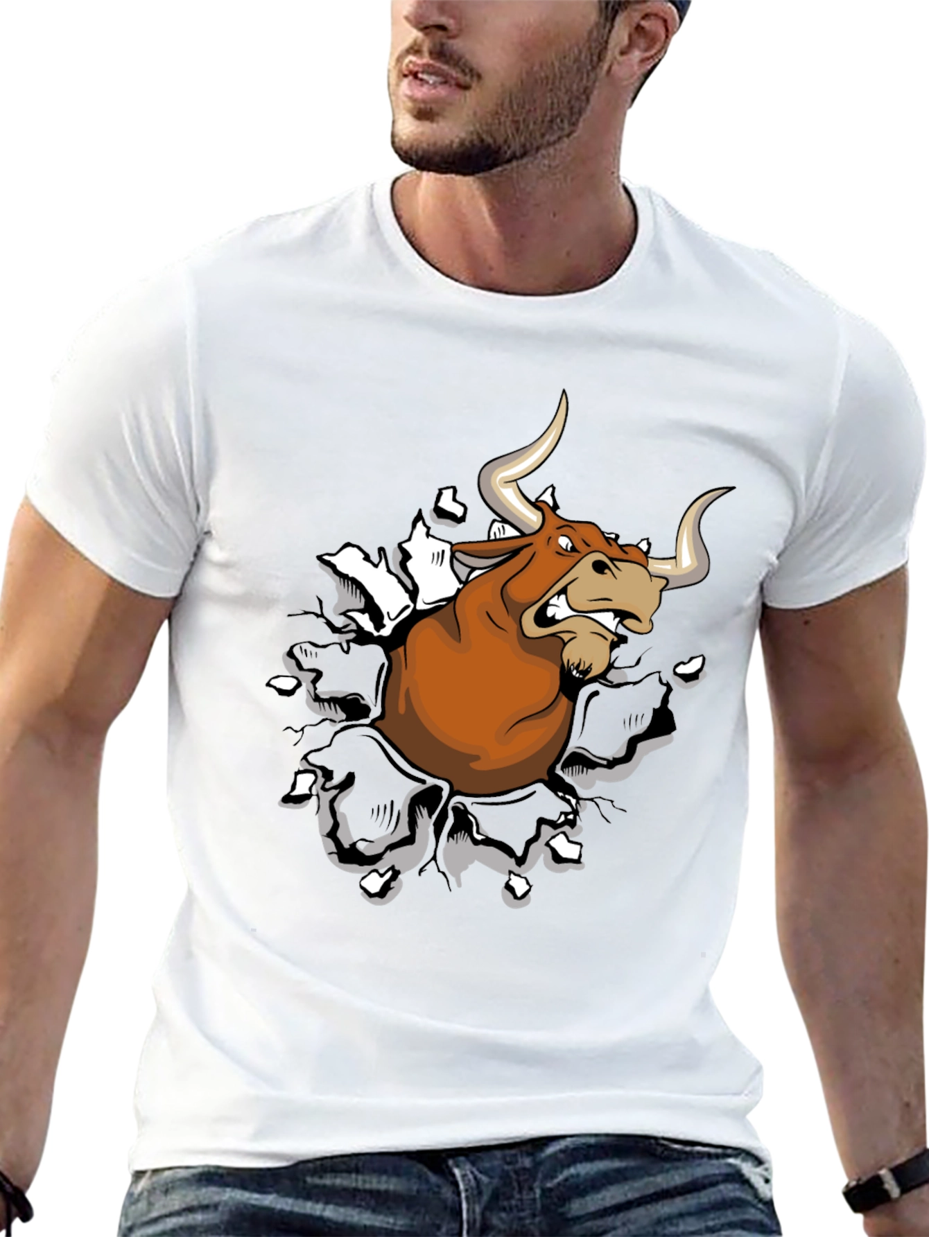 Mens Black T-Shirt with Cartoon Bull Graphic
