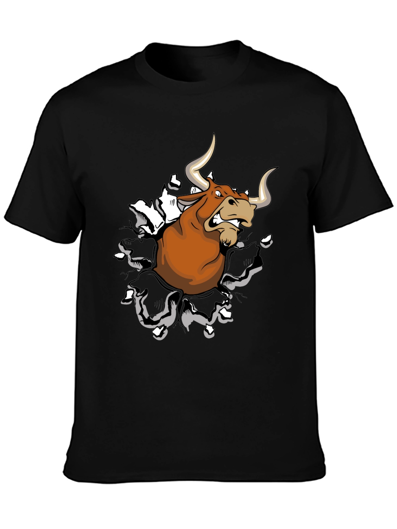 Mens Black T-Shirt with Cartoon Bull Graphic