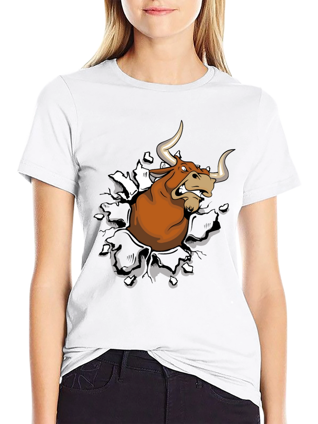 Mens Black T-Shirt with Cartoon Bull Graphic