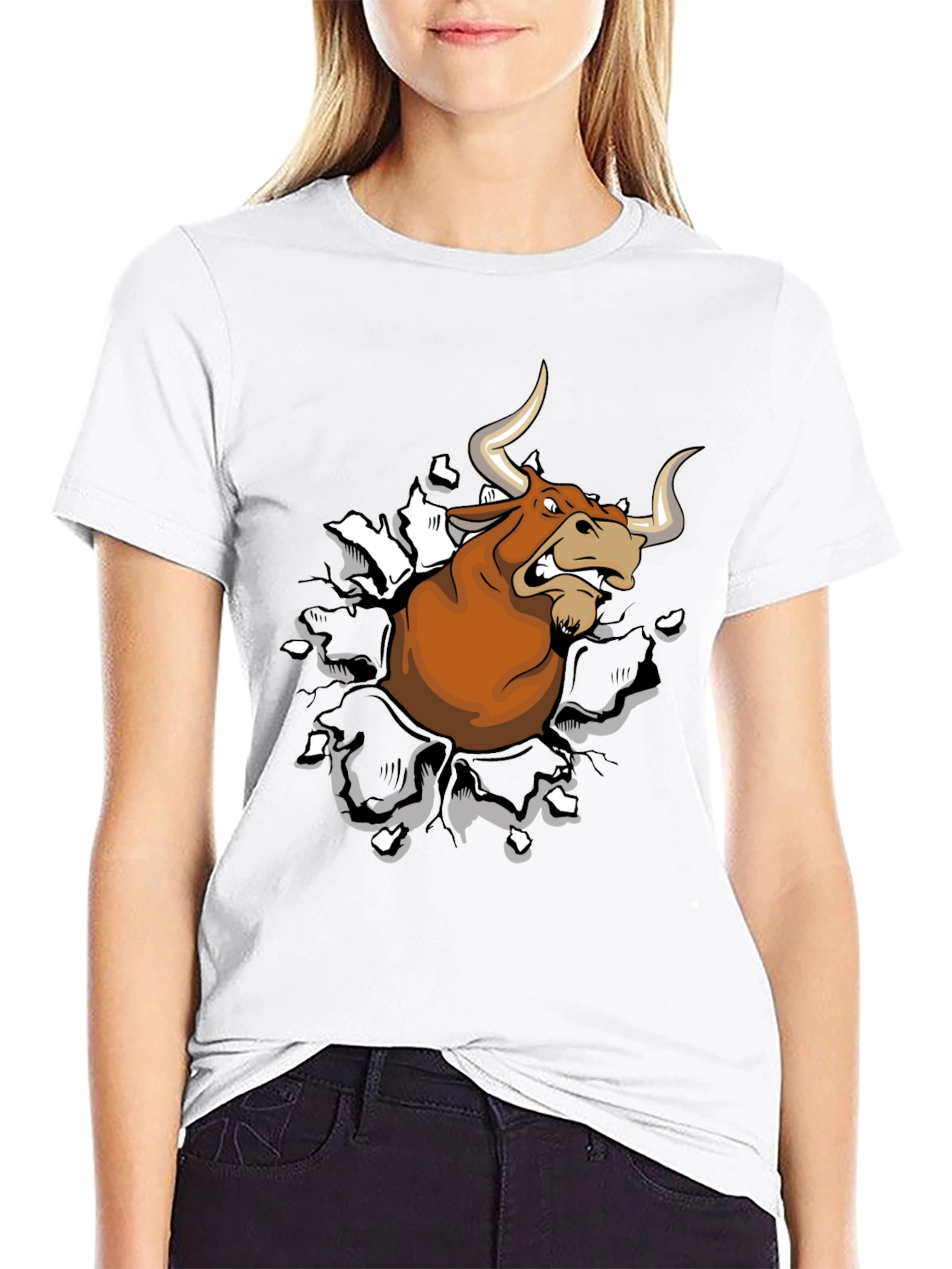 Mens Black T-Shirt with Cartoon Bull Graphic
