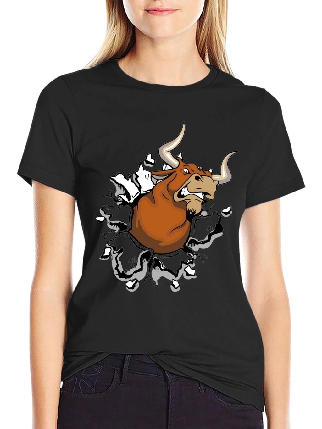 Mens Black T-Shirt with Cartoon Bull Graphic