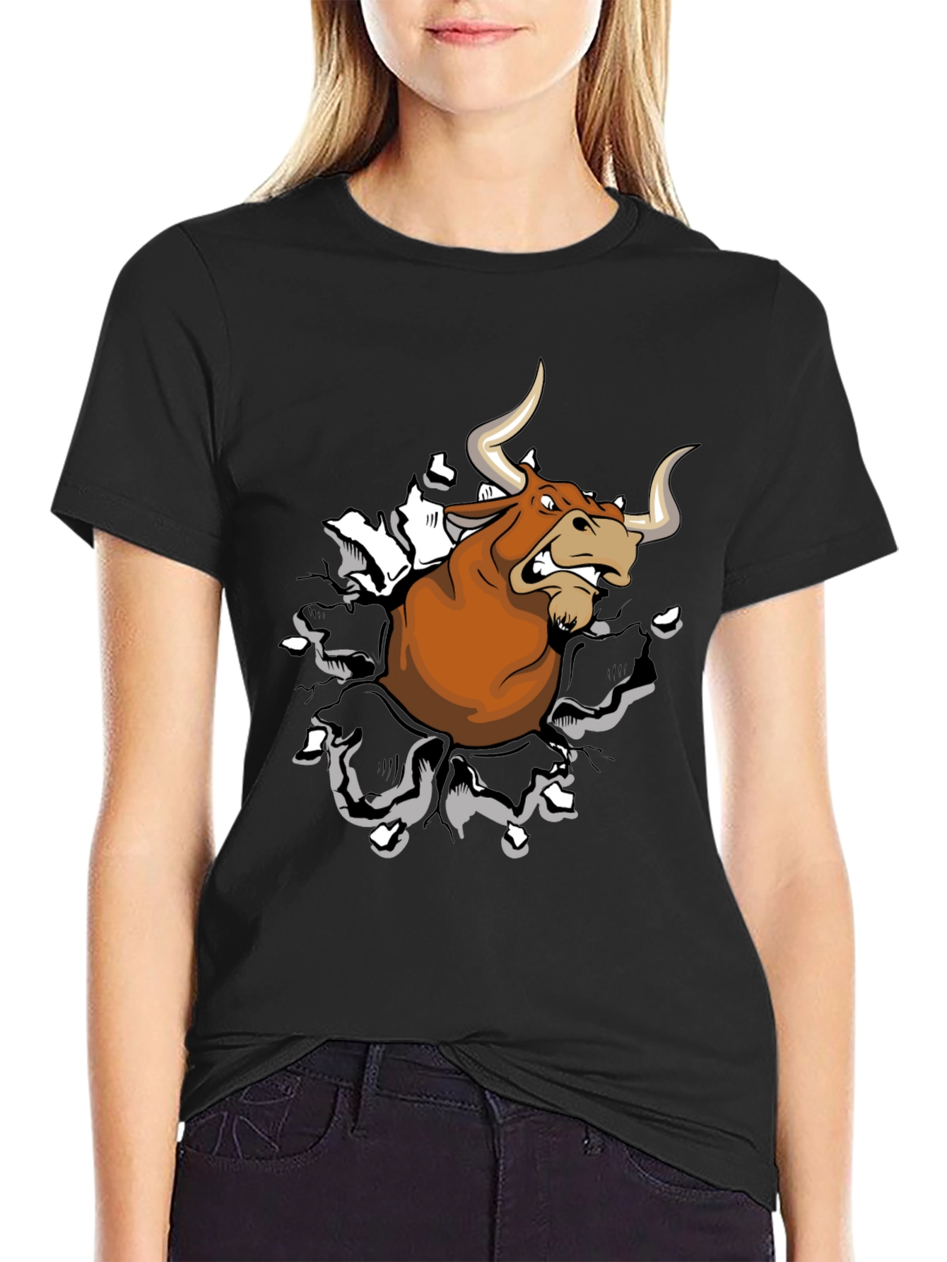 Mens Black T-Shirt with Cartoon Bull Graphic