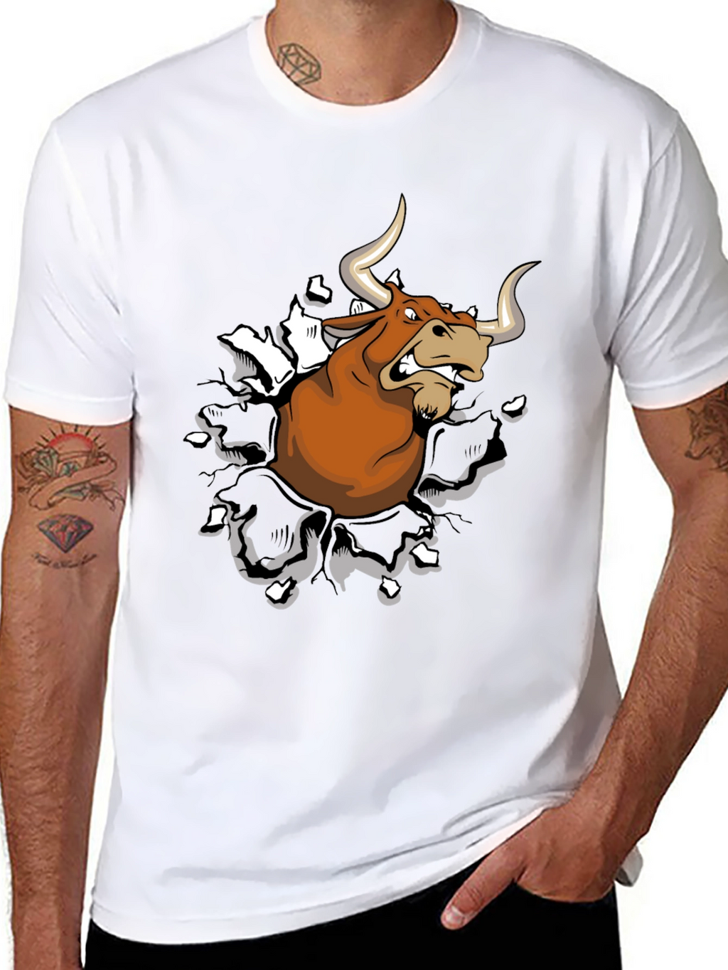 Mens Black T-Shirt with Cartoon Bull Graphic