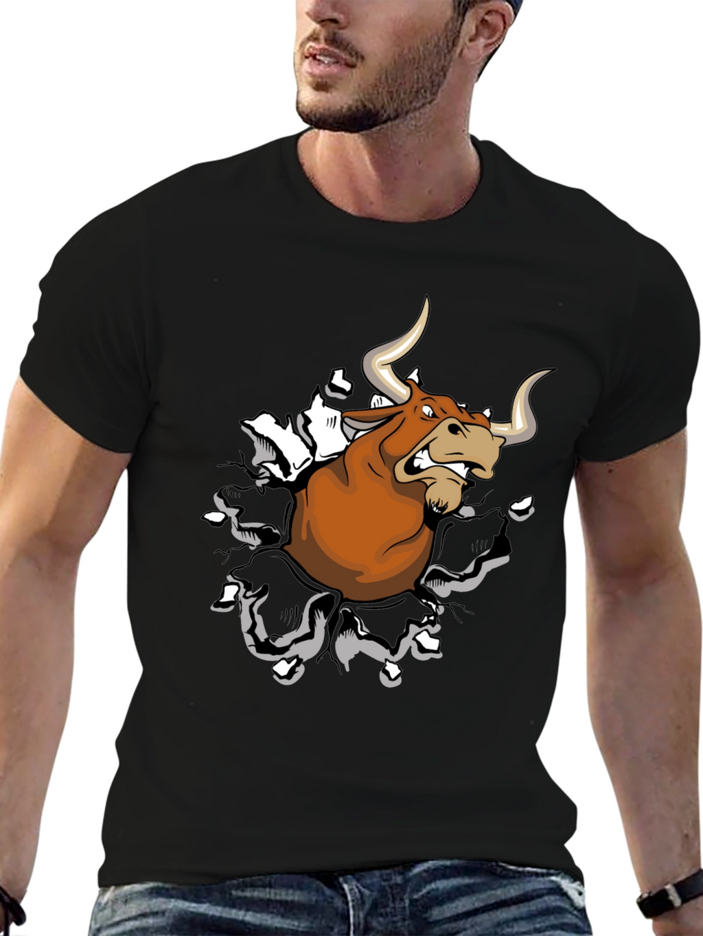 Mens Black T-Shirt with Cartoon Bull Graphic