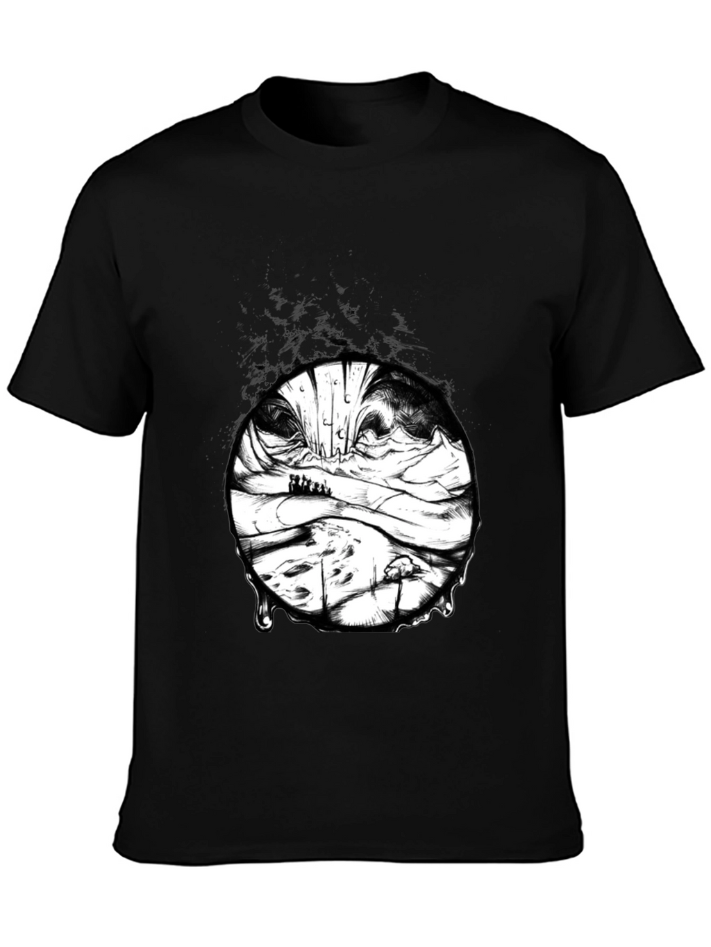 Artistic Black T-Shirt with Surreal Landscape Print