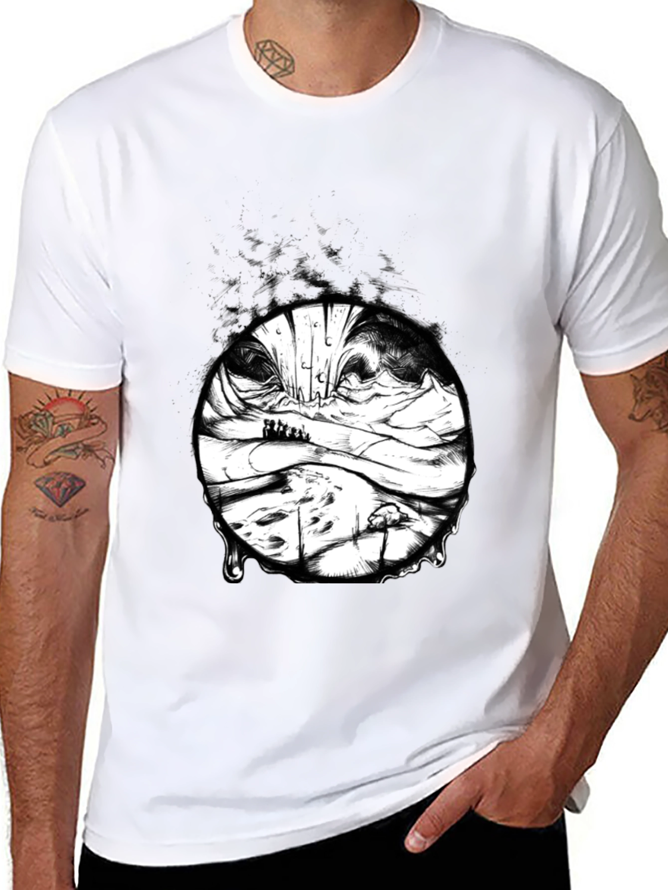 Artistic Black T-Shirt with Surreal Landscape Print