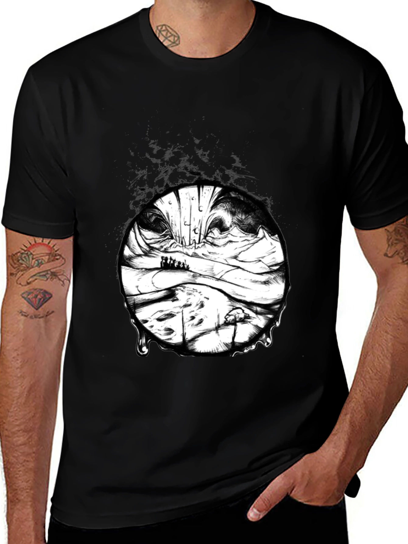 Artistic Black T-Shirt with Surreal Landscape Print