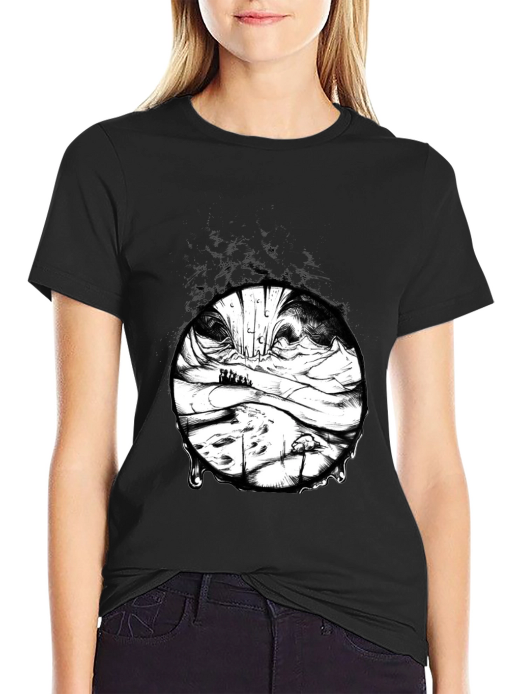 Artistic Black T-Shirt with Surreal Landscape Print