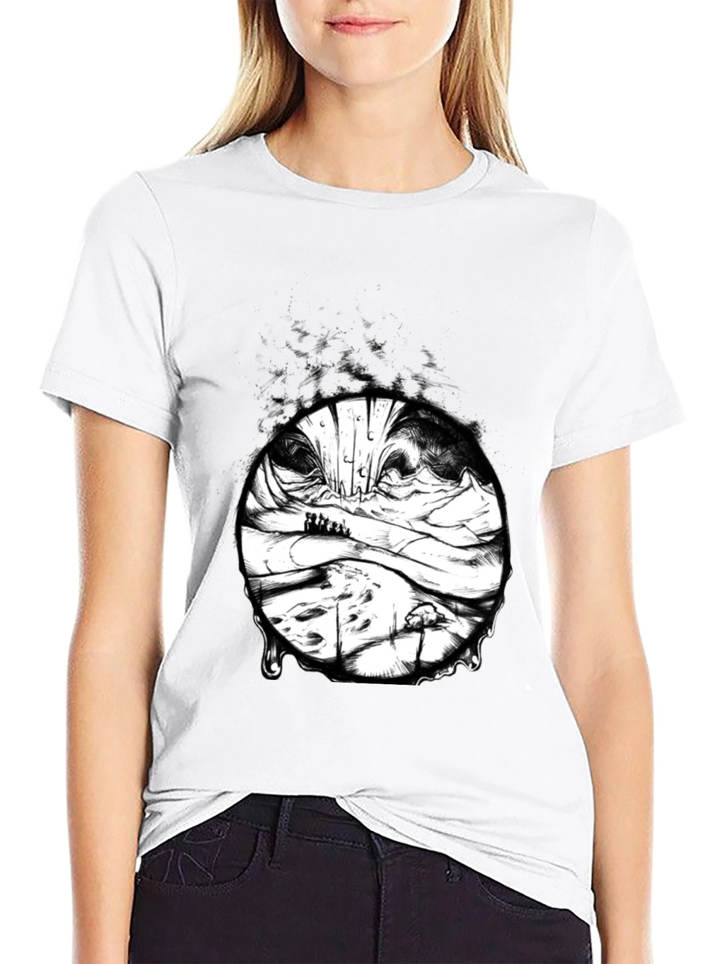Artistic Black T-Shirt with Surreal Landscape Print