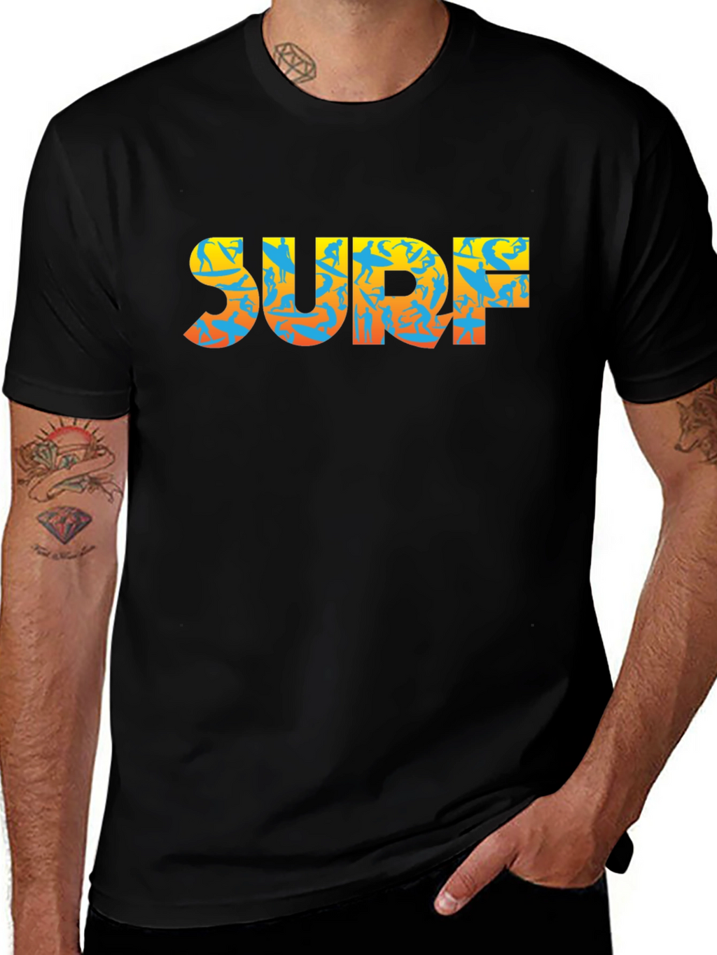 Surf Silhouette Graphic Tee - Black Cotton T-Shirt