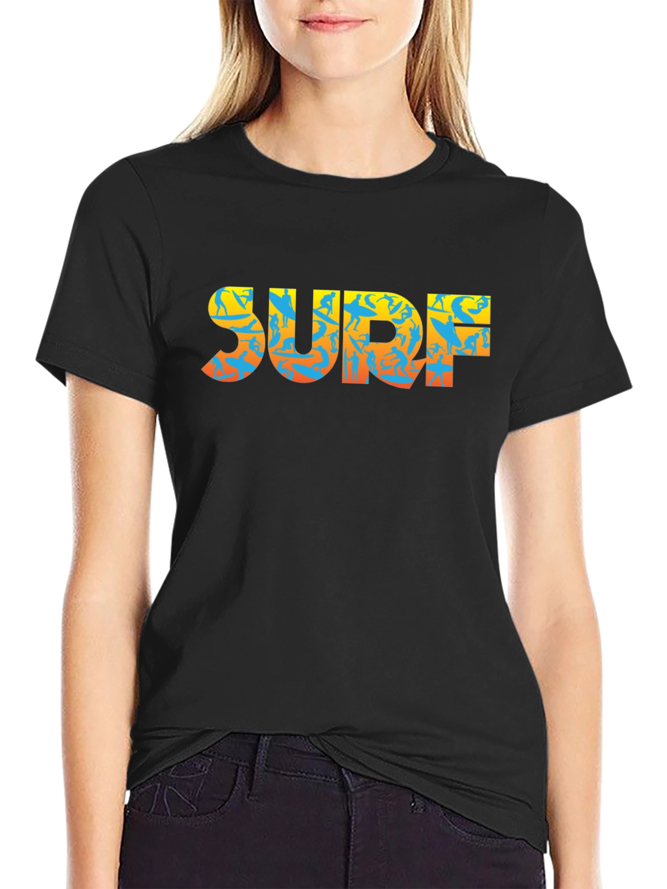 Surf Silhouette Graphic Tee - Black Cotton T-Shirt