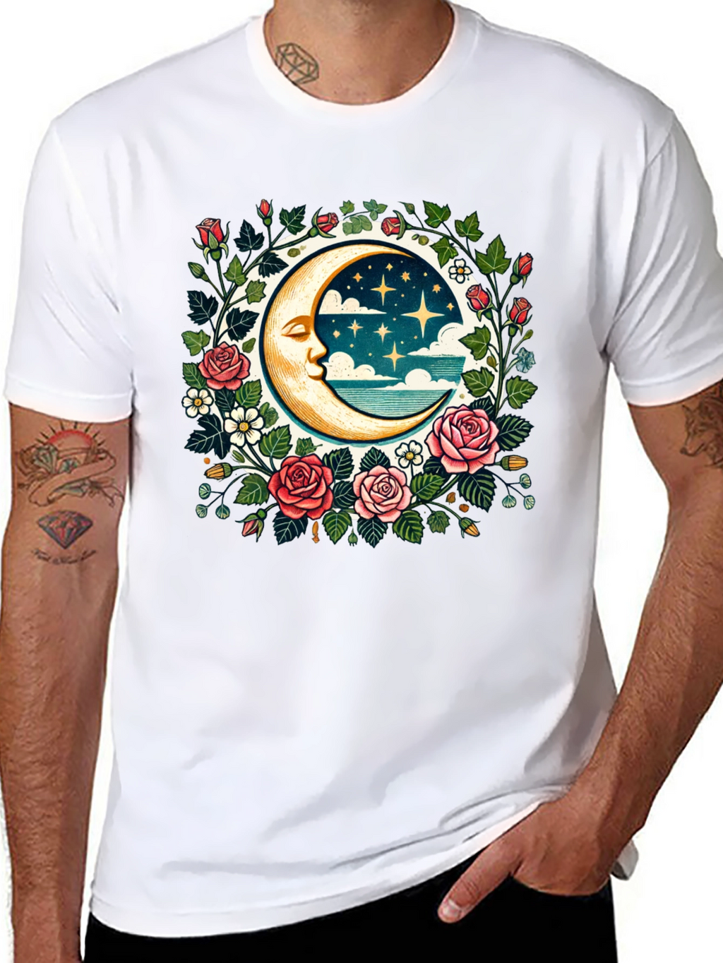 Floral Moon Graphic Tee - Celestial Style