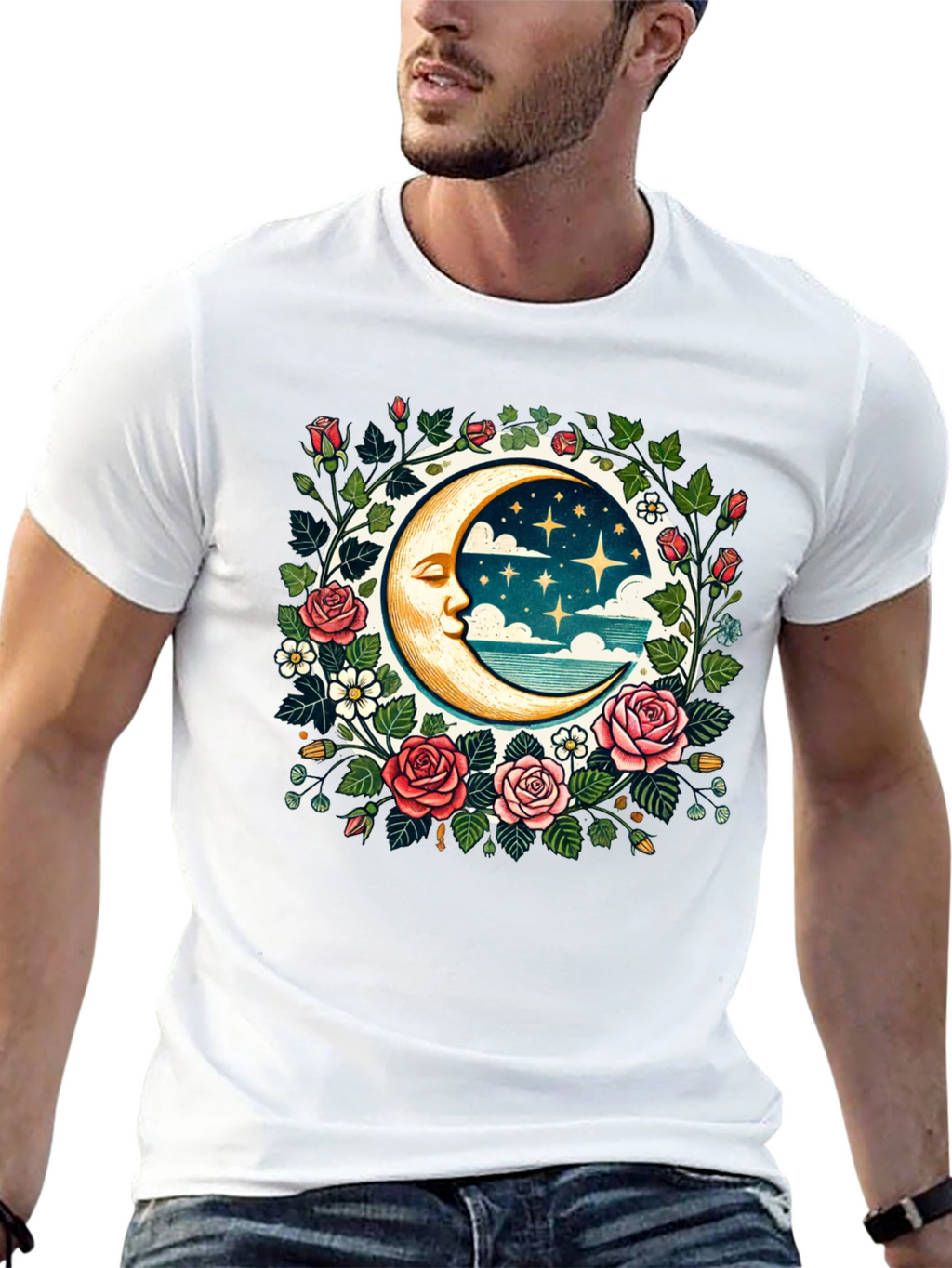 Floral Moon Graphic Tee - Celestial Style