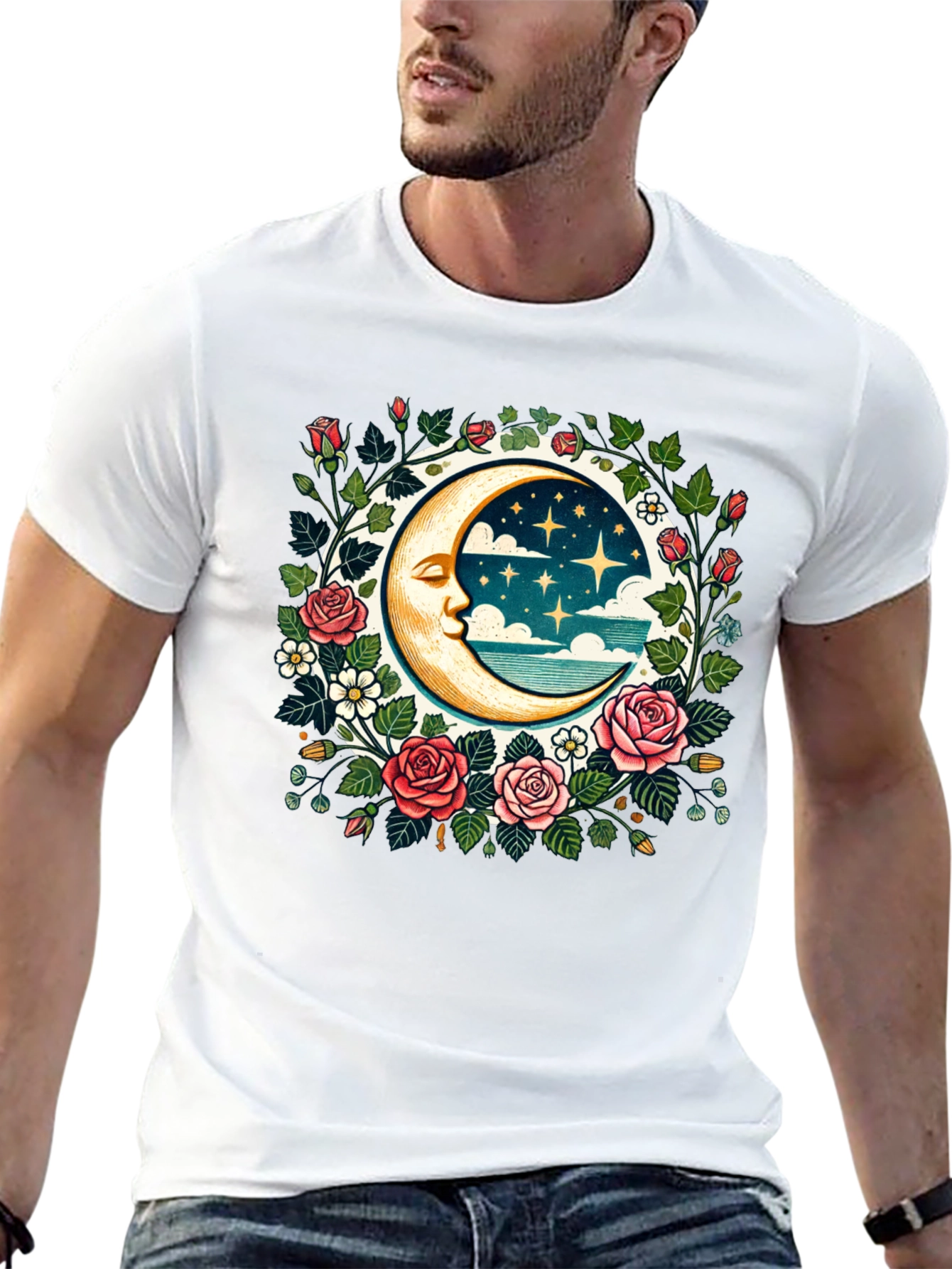 Floral Moon Graphic Tee - Celestial Style