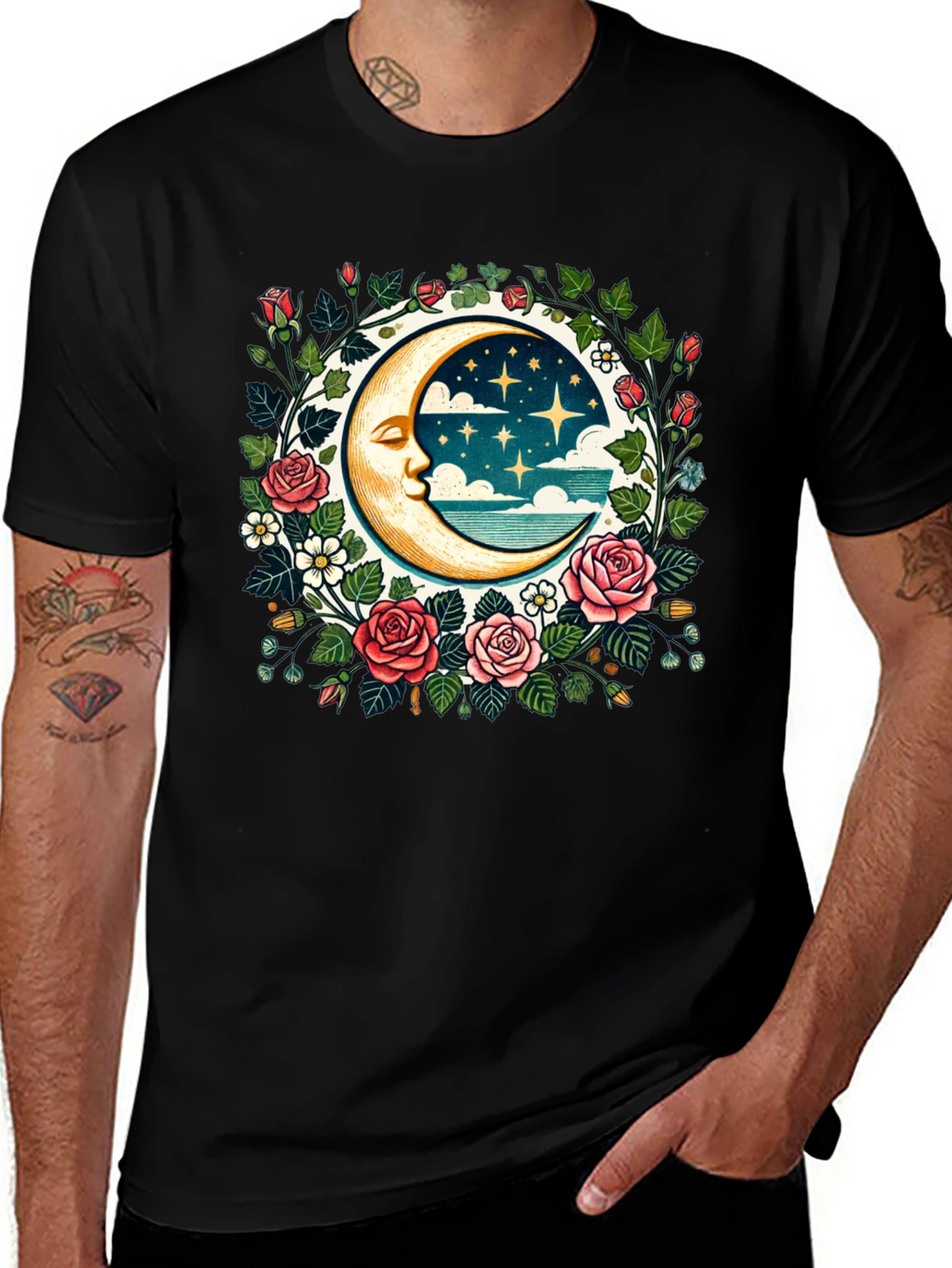 Floral Moon Graphic Tee - Celestial Style