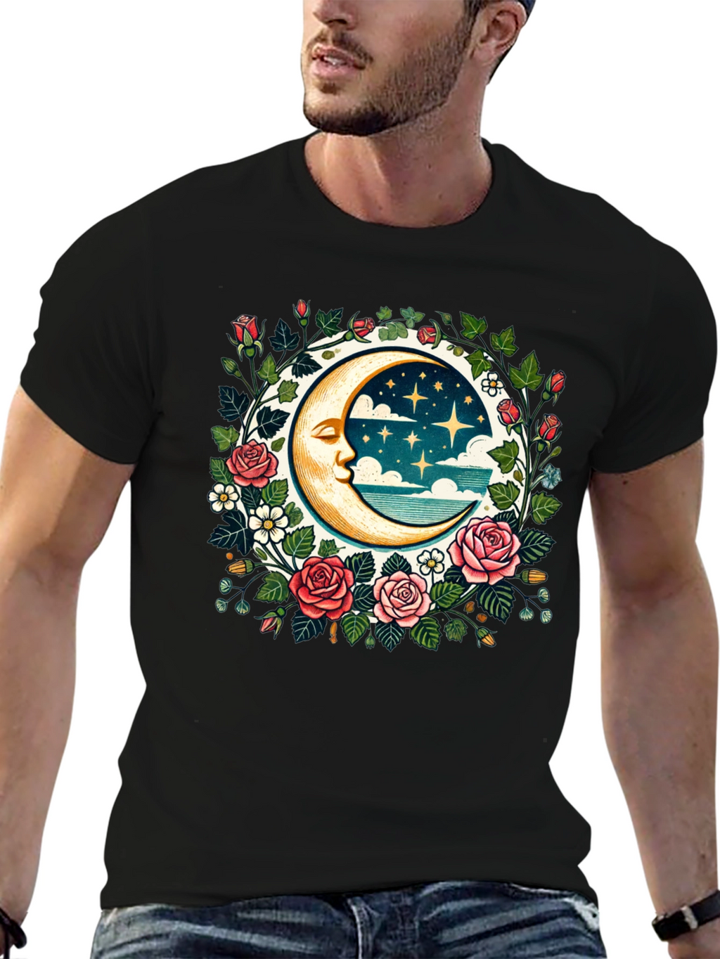 Floral Moon Graphic Tee - Celestial Style