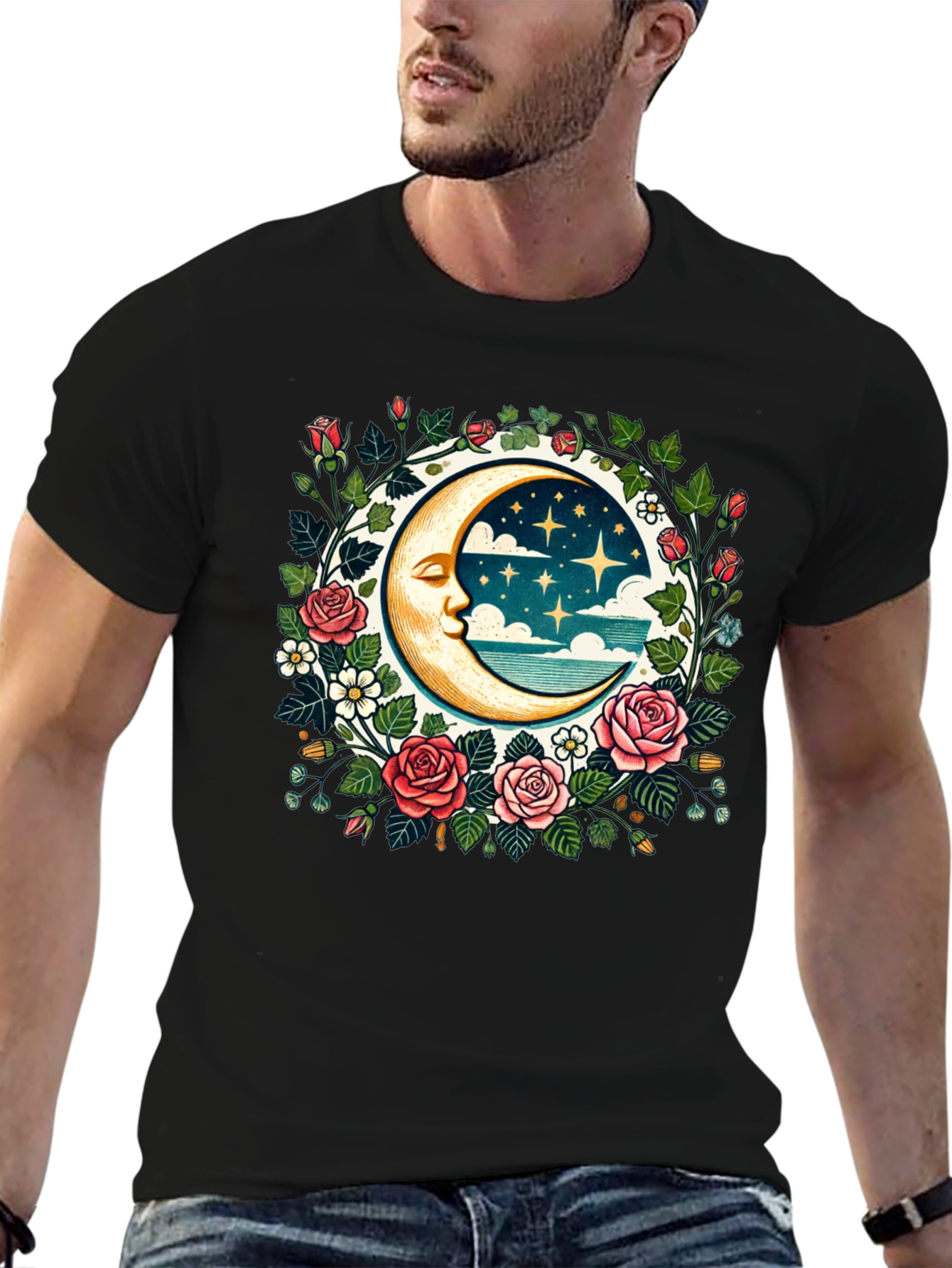 Floral Moon Graphic Tee - Celestial Style